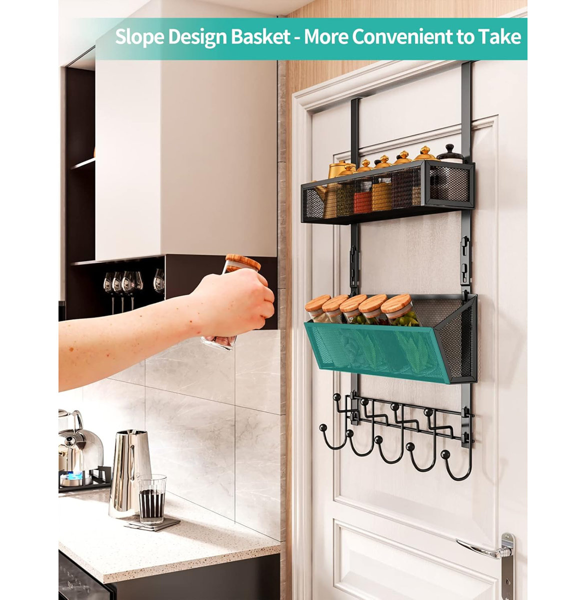 Over The Door Hooks With Storage Baskets, 9-Hook Rustproof Stainless Steel Door Hanger Organizer For Bathroom Kitchen Bedroom